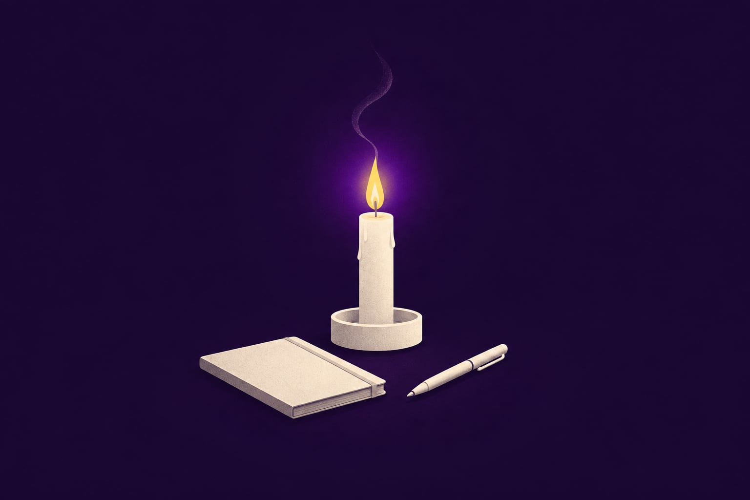 Ilustração de uma vela acesa ao lado de um caderno fechado e uma caneta, sobre fundo roxo escuro